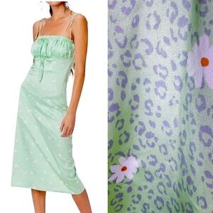 For Love & Lemons Robin Satin Cheetah Midi Dress in Mint Green Size 8/10